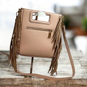 Melie Bianco Taupe Fringe Crossbody Bag Vegan Leather Cutout Handle